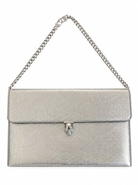 ALEXANDER MCQUEEN Metallic Silver Leather Skull Envelope Clutch Chain Bag EUC